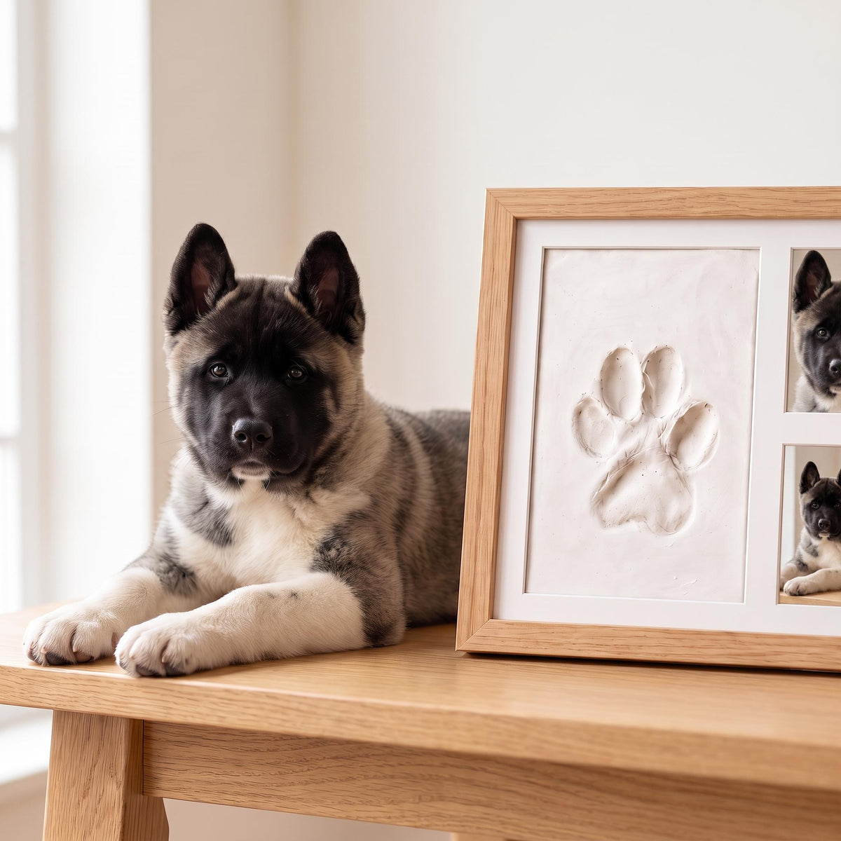 Golden Memory pet paw print keepsake kit with Akita puppy